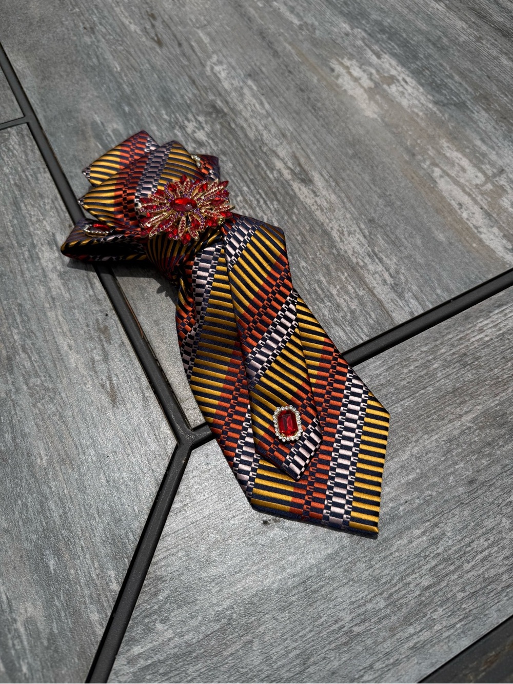 Yellow & Orange Striped Necktie Necklace with Red Accents